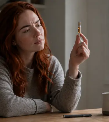 Young woman at a kitchen table holding a vape cartridge up to the window light and examining the oil inside.