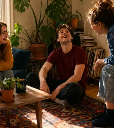 Three friends laughing together in a sunlit living room, two on sofas and one sitting on the rug.