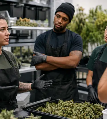Cannabis cultivation workers hold a serious group discussion around a table of freshly trimmed buds.