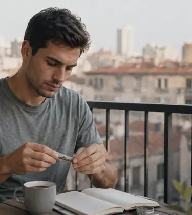Young man at a wooden table rolling a joint with a booklet of plain rolling papers open beside him