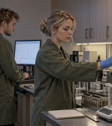 A lab technician in an olive lab coat loading vials of ground cannabis into an autosampler while a colleague reads a chromatogram on screen in a small testing lab at dusk