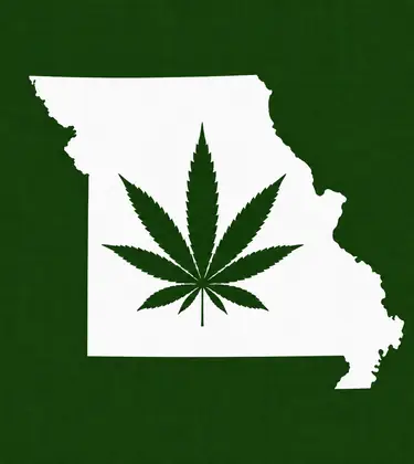 White silhouette of Missouri on a dark green background, with a dark green cannabis leaf centered inside the state outline.