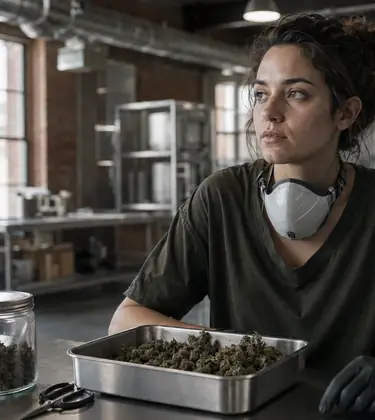Cannabis processing worker at a steel bench with a tray of dried buds, N95 respirator pushed down around her neck