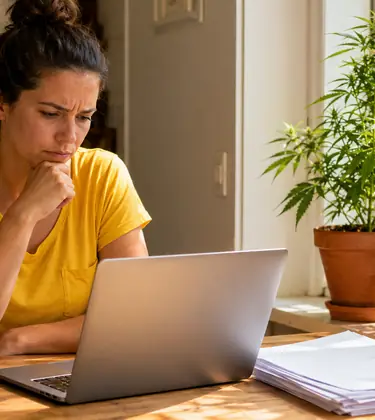 Woman at a kitchen table with a laptop and paperwork, thinking hard, with a cannabis plant on the windowsill behind her.