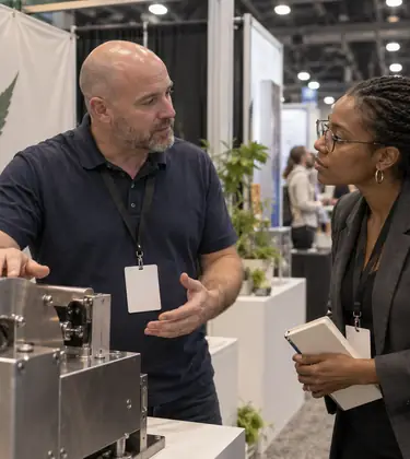 An exhibitor showing a stainless steel trimming machine to a buyer at a cannabis trade show booth with a printed leaf illustration behind them