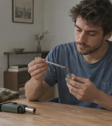 Young man at a pale oak table holding a slim glass dab straw and a small concentrate container, a butane torch resting nearby
