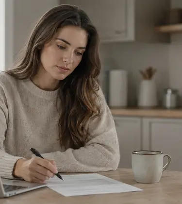 Young woman at a kitchen table pausing with a pen over a printed insurance application form beside her laptop.