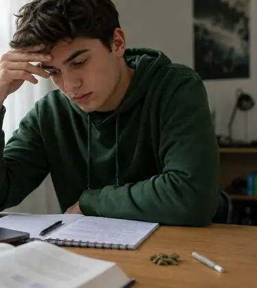 Young man in a dark green hoodie studying at a desk with books, a laptop, cannabis flower, and a joint, looking tired and contemplative.