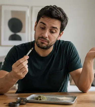 Man holding a joint and shrugging at a table with cannabis, appearing confused that he feels no effects.