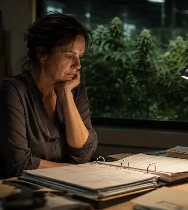 Woman working late at a desk beside a window looking onto a room of cannabis plants.