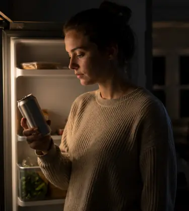 Woman holding an unlabelled slim can in front of an open refrigerator in a dark home kitchen.