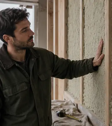 Young builder resting a hand against a pale hemp-lime insulation wall between timber studs in a half-built apartment