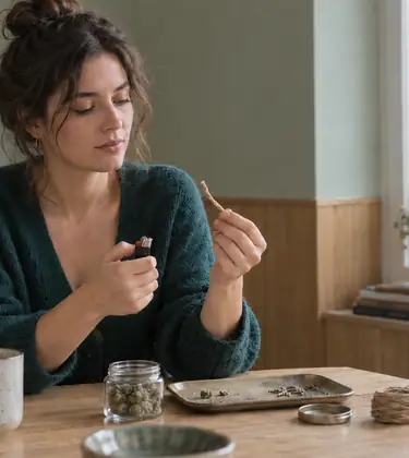 Young woman at a pale timber table comparing a length of waxed hemp wick against a plain disposable lighter, a jar of flower beside her