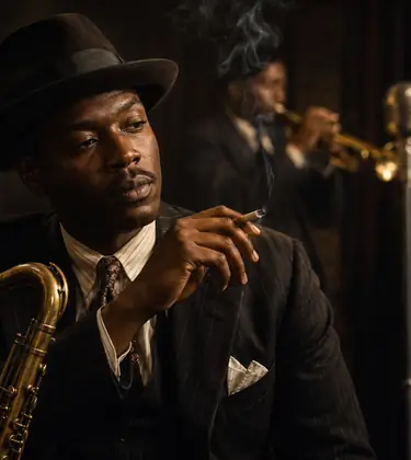 Black jazz musician in a 1930s-style club holding a joint beside a saxophone as a band performs in the background.