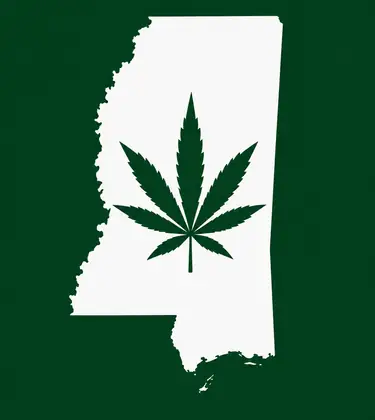 White silhouette of Mississippi on a dark green background, with a dark green cannabis leaf centered inside the state outline.