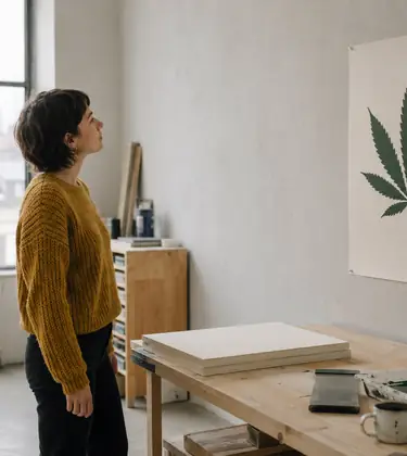 Young woman standing back from a pale plastered studio wall, looking up at a screen-printed poster of a cannabis leaf she has just hung