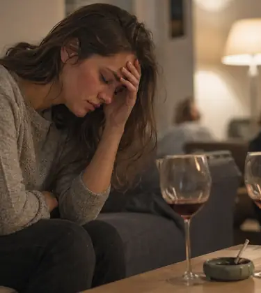 Young woman sitting on the edge of a sofa at night with her hand to her forehead, wine glasses and an ashtray with a joint on the table.