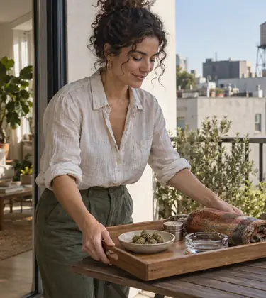A short-term rental host setting a tray with a dish of cannabis buds, a grinder and an ashtray on a sunlit balcony table