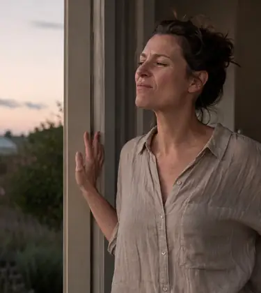 Woman at her open back door at dusk catching a smell on the air, a distant greenhouse on the horizon.