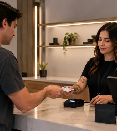 Customer hands an ID to a dispensary worker at a modern cannabis retail counter during checkout.