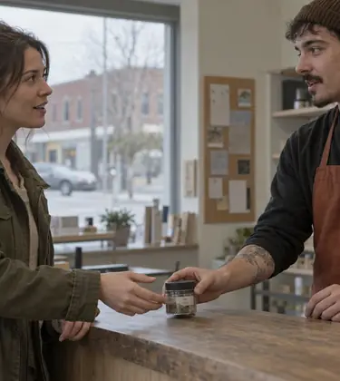 Young woman taking a small sealed cannabis container from a budtender across the counter of a small plainly furnished shop on a quiet main street
