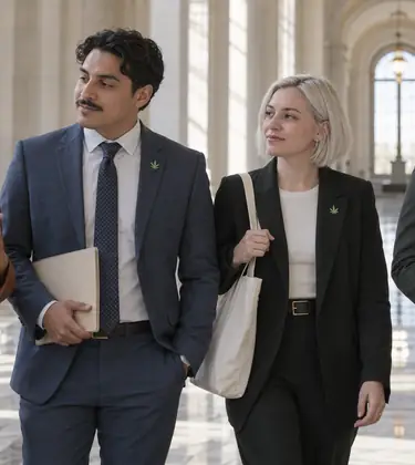Four cannabis advocates wearing small leaf lapel pins walking together down a marble capitol corridor on a lobby day morning