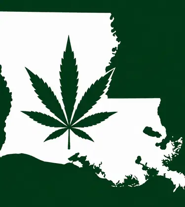 White silhouette of Louisiana on a dark green background, with a dark green cannabis leaf centered inside the state outline.