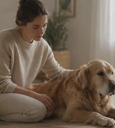Woman kneeling beside an older golden retriever on a living room floor with a small amber dropper bottle on a side table