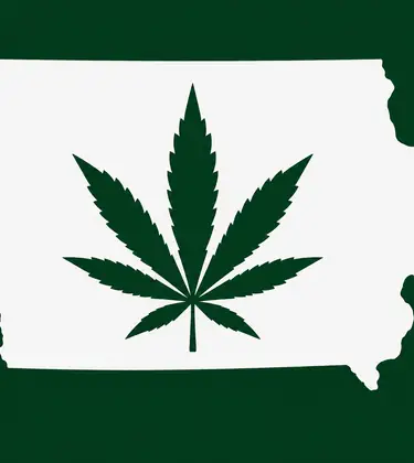 White silhouette of Iowa on a dark green background, with a dark green cannabis leaf centered inside the state outline.