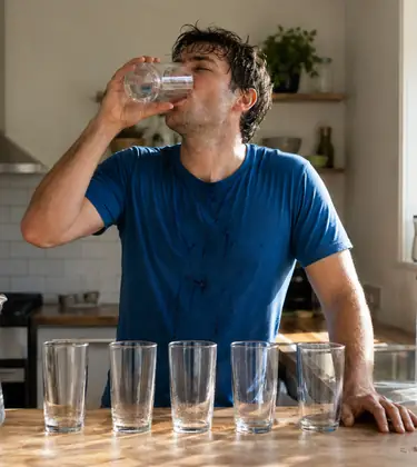 Man standing at a kitchen sink at night holding a large glass of water with the tap running.