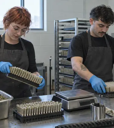 Two gloved workers at a stainless bench in a pre-roll production room, one tapping a loaded cone tray against the bench to settle it, the other sliding in a rack of empty cones