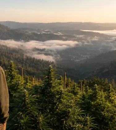 A cannabis grower overlooking a sunlit hillside farm and fog-covered mountains in Northern California’s Emerald Triangle.