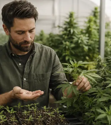Cannabis breeder inspecting seeds and young plants inside a greenhouse.