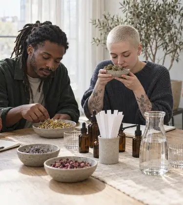 Four people at an aroma workshop comparing the smell of dried chamomile flowers with a dish of cannabis buds on a studio worktable