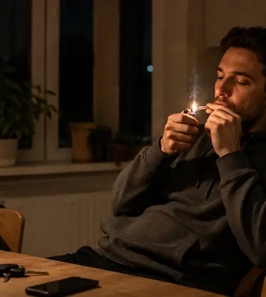 Man just home from a driving shift lighting a joint at a kitchen table, car keys and phone face down in front of him.