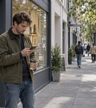 Young man standing on a city pavement outside a cannabis shop at midday, checking his phone against the store in front of him