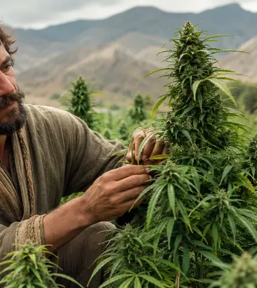 Grower inspecting a mature cannabis plant in a remote mountain field.