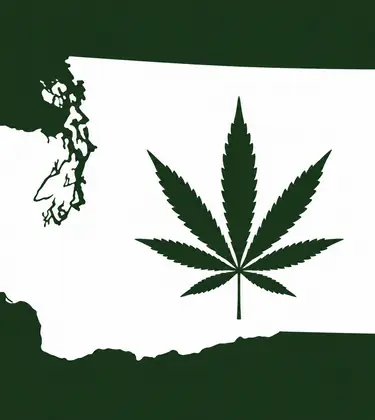 White silhouette of Washington State on a dark green background, with a dark green cannabis leaf centered inside the state outline.