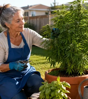 Older woman in a gardening apron kneeling beside a large cannabis plant on a suburban patio in morning sunlight.