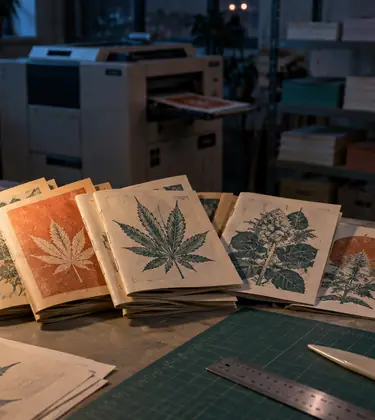 Hand-stapled cannabis zines with two-color leaf illustrations on a print studio worktable at night beside a stapler, bone folder and ruler