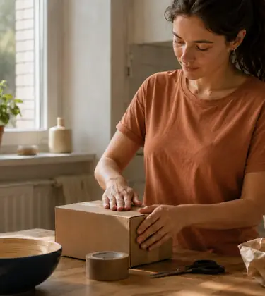 Woman in a kitchen sealing a small cardboard box with packing tape at a wooden table.