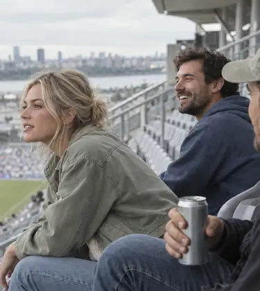 Three young friends watching a game from the upper seats of a stadium, one holding a plain unlabeled can