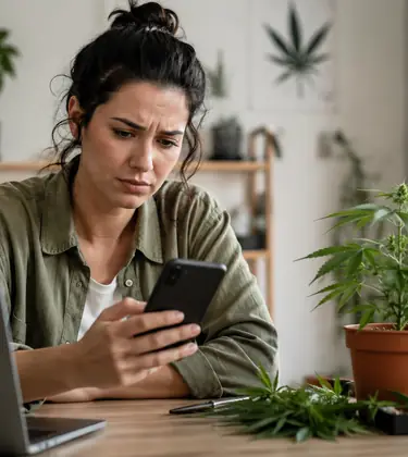 Concerned cannabis content creator checks her phone beside a laptop, camera setup, and cannabis plant in a home workspace.