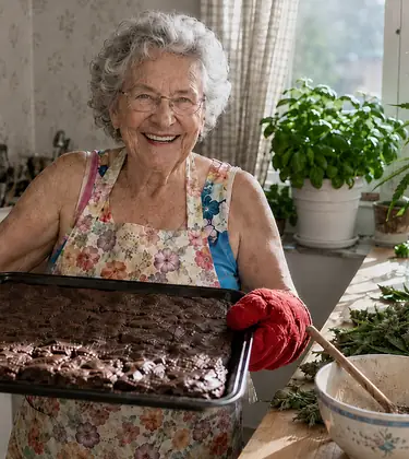 Smiling elderly woman in a floral apron and red oven gloves holding up a tray of freshly baked brownies in a sunny kitchen.