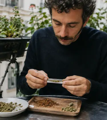 Adult man rolling a spliff with loose cannabis and tobacco on a balcony table in a European-style urban setting.