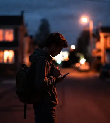 A young man in a hoodie with a backpack stands on a dimly lit residential street at dusk, checking his phone under streetlights