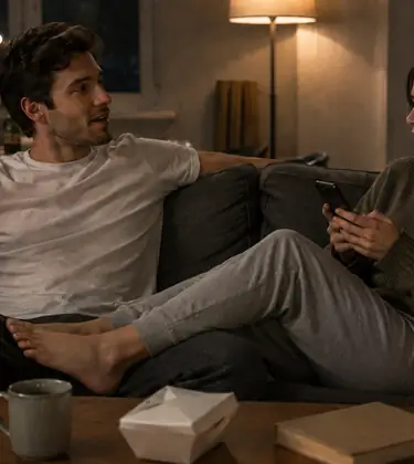 Young couple relaxing on a sofa on an ordinary evening, the man casually holding a lit joint while the woman scrolls her phone.