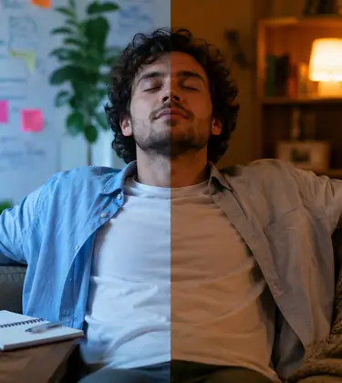 Young man relaxing on a sofa in a split scene, with a bright creative workspace on one side and a warm, cosy lounge on the other.