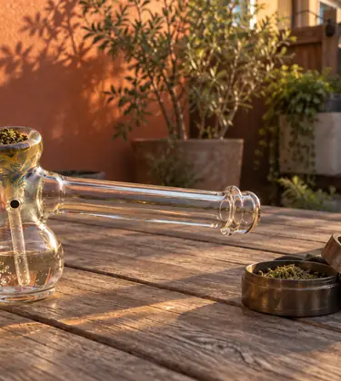 A glass hammer bubbler with water in its chamber and a packed bowl standing on a patio table in late afternoon sun beside an open grinder