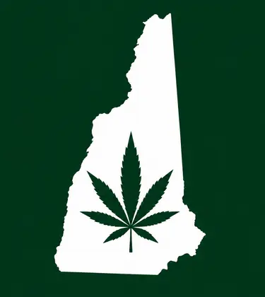White silhouette of New Hampshire on a dark green background, with a dark green cannabis leaf centered inside the state outline.